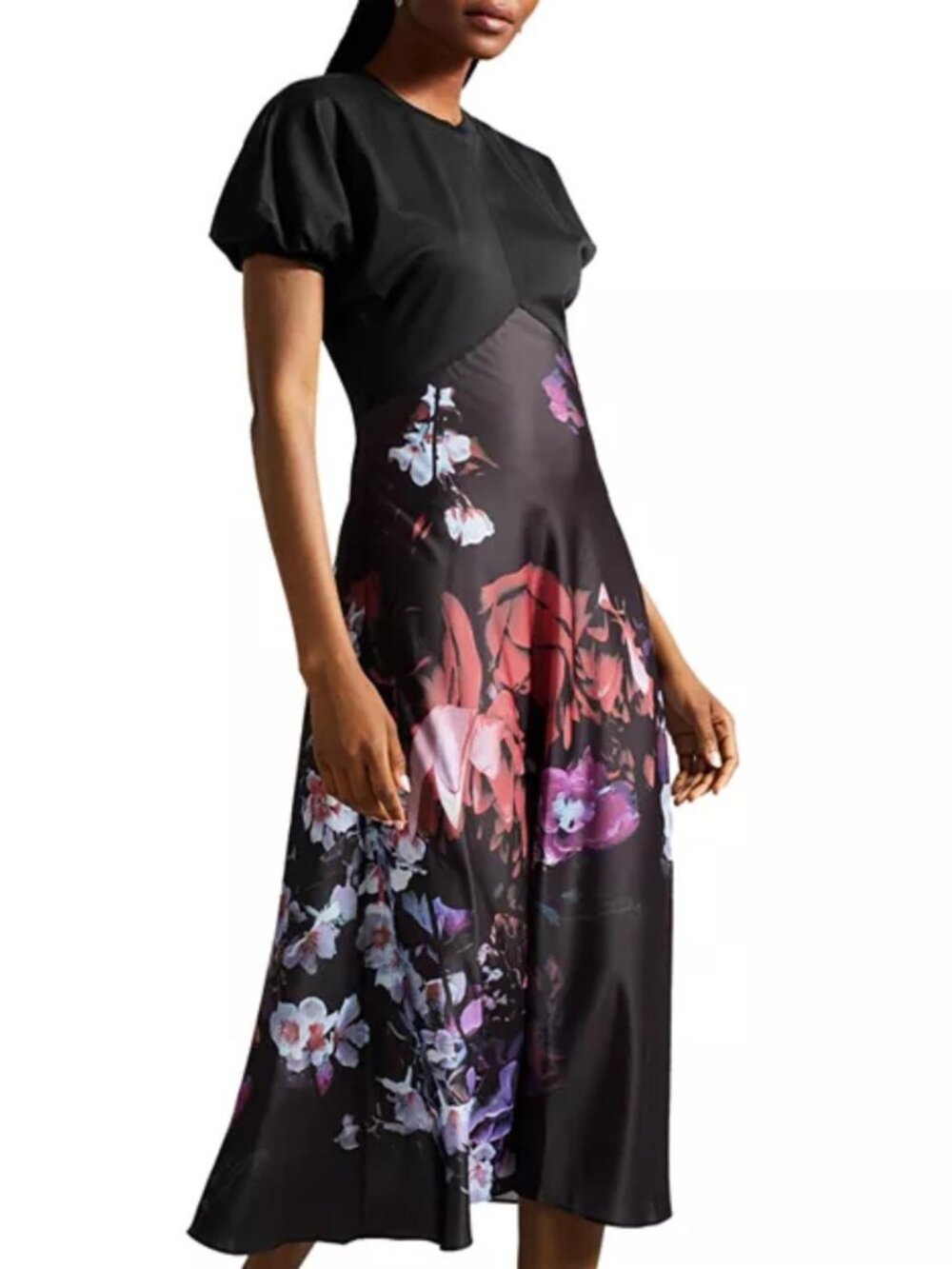 Ted Baker London Drewee Mixed Media Midi Dress empire waist puff sleeve satin XS